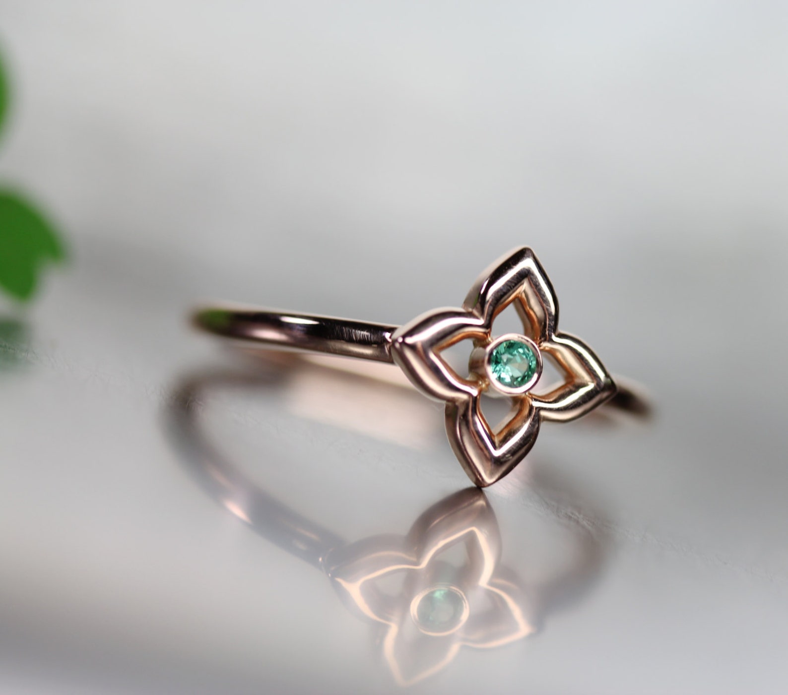 Lucky Clover Green Emerald 14k Rose Gold Ring Saint Patrick's Day Gift ...