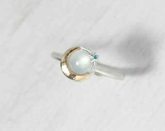 Romantic Pale Blue Aquamarine Moon Ring Silver 14K Yellow Gold Bezel Milky Aqua Paraiba Topaz Gemstone Setting March Birthstone - Milchmond