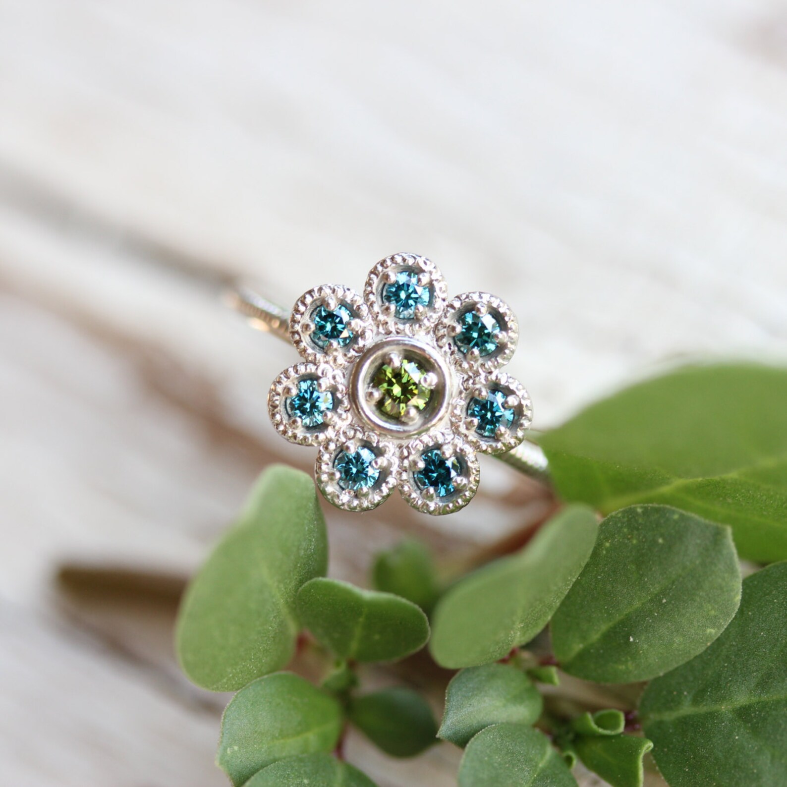 Floral Blue Green Diamond Engagement Ring 14K White Gold Etsy