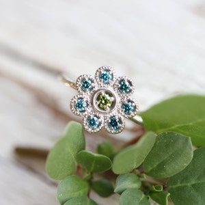 Floral Blue Green Diamond Engagement Ring 14K White Gold Mermaid Flower Ocean Color Round Milgrain Bezel Settings Underwater Design Sereia image 2