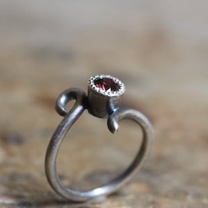 Romantic Wine Red Zircon Engagement Ring Dark Silver Antique Finish Simple Bridal Milgrain Scroll Band Maroon Gemstone Boho Burgundy Drop image 3