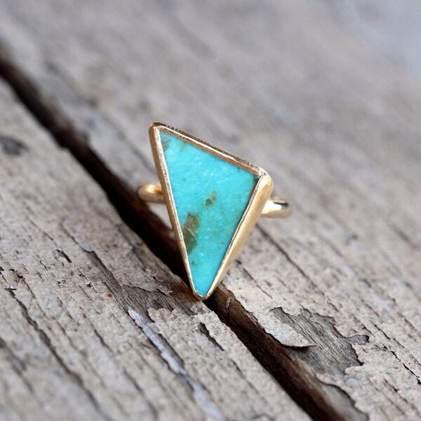 Tribal Triangle Turquoise Statement Ring Luxurious 22K and 14K Yellow Gold Silver Modern Boho Blue Green Zen Geometric Southwest - Tri-Bal