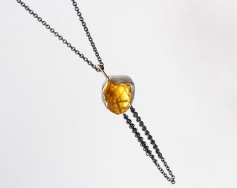 Raw Citrine Necklace Yellow Orange Gemstone Pendant Silver 14K Rose Gold Long Boho Chain Dangle Detail Rustic Fun Southwest - Golden Fringe