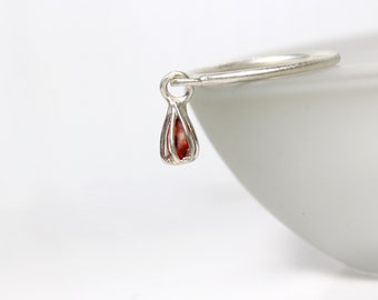 Tiny Raw Red Sapphire Cage Dangle Ring Silver Cimson Raw Madagascar Gemstone Crystal Unique Rustic Band September Birthstone - Blood Cell