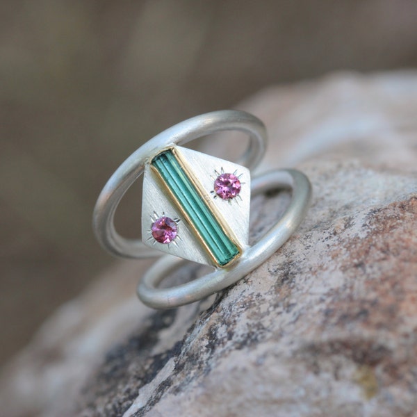 Blue-Green Rough Tourmaline Silver Gold Ring Pink Tourmaline Silver 22k Yellow Teal Gemstone Geometric Native Tribal Mexico - Southwest Bend