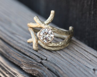 Woodland Branch Wedding Ring Set Moissanite Forever Brilliant 14k Yellow White Rose Gold Palladium Rustic - Sparkle Bark and Shadow Bark