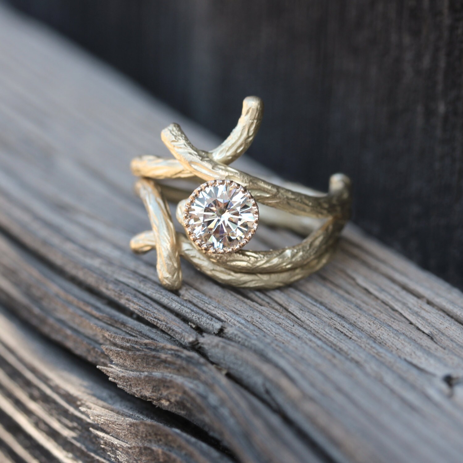 Woodland Branch Wedding Ring Set Moissanite Forever Brilliant Etsy