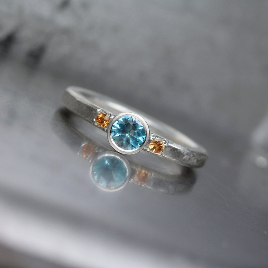 Blue Zircon Orange Sapphire Engagement Ring Hammered