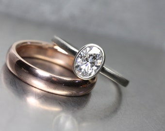 Modern Oval Moissanite Wedding Ring Set White Gold Engagement Rose Gold Band Forever Brilliant Women's Minimalistic Elegant - Ovoidal Rose