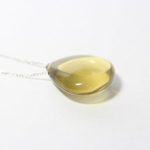 Large Olive Quartz Drop Necklace Simple Teardrop Bead on Long Silver Chain Pendant Layered Look Olive Oil Colored Gemstone Huile d'Olive image 5