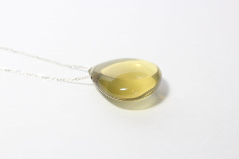 Large Olive Quartz Drop Necklace Simple Teardrop Bead on Long Silver Chain Pendant Layered Look Olive Oil Colored Gemstone Huile d'Olive image 5