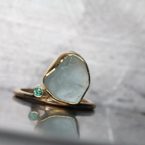 Alluvial Aquamarine Emerald Ring 14k and 22K Yellow Gold Pale Blue Green Rough Raw Gemstone Band March May Birthstone Gift - Tumble de Luxe