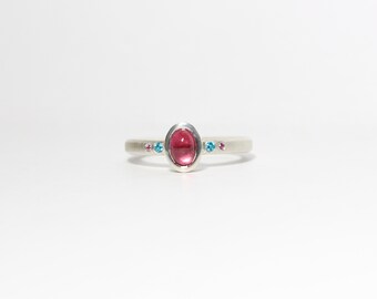 Pink Oval Tourmaline Engagement Ring Silver Bezel Setting Faceted Paraiba Blue Topaz Ruby Multistone Band Colorful Cabochon - Cherry Bath