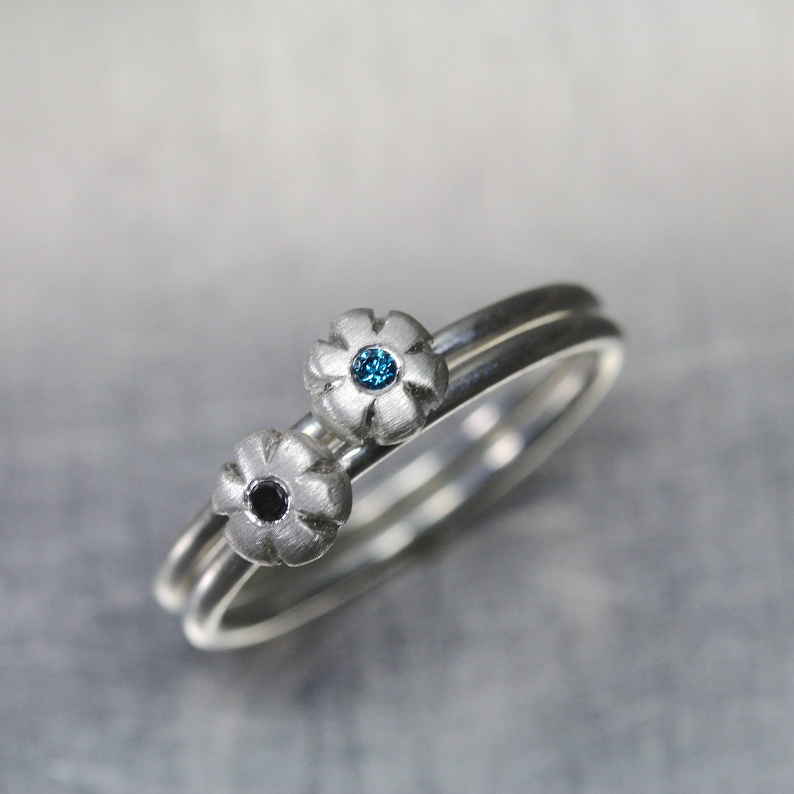 Cute Flower Stacking Rings Blue or Black Diamond Silver Delicate Floral ...