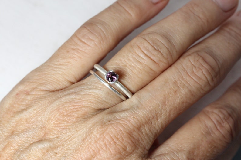 Delicate Wedding Ring Set Purple Spinel Silver Half Bezel Bridal Band Minimalistic Understated Violet Faceted Gemstone For Her Sugarplum image 7