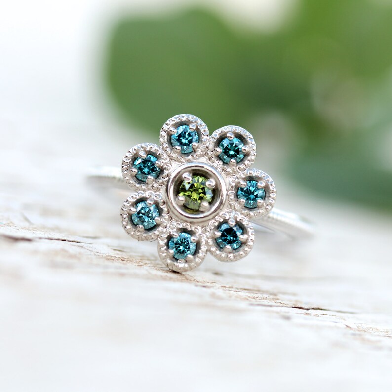 Floral Blue Green Diamond Engagement Ring 14K White Gold Mermaid Flower Ocean Color Round Milgrain Bezel Settings Underwater Design Sereia image 1