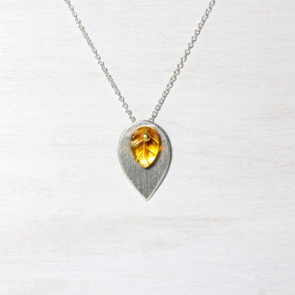 Modern Carved Citrine Leaf Necklace Simple Silver 24K Gold Yellow Orange Autumn Pendant Nature Lover November Birthstone Gift - Goldblatt