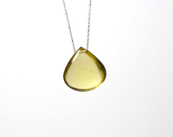 Large Olive Quartz Drop Necklace Simple Teardrop Bead on Long Silver Chain Pendant Layered Look Olive Oil Colored Gemstone - Huile d'Olive