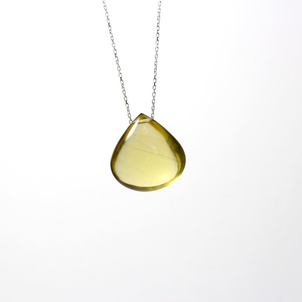 Large Olive Quartz Drop Necklace Simple Teardrop Bead on Long Silver Chain Pendant Layered Look Olive Oil Colored Gemstone - Huile d'Olive