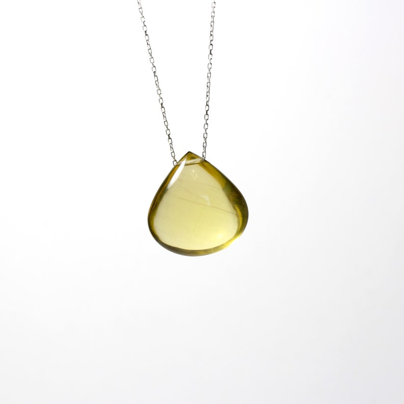 Large Olive Quartz Drop Necklace Simple Teardrop Bead on Long Silver Chain Pendant Layered Look Olive Oil Colored Gemstone Huile d'Olive image 1