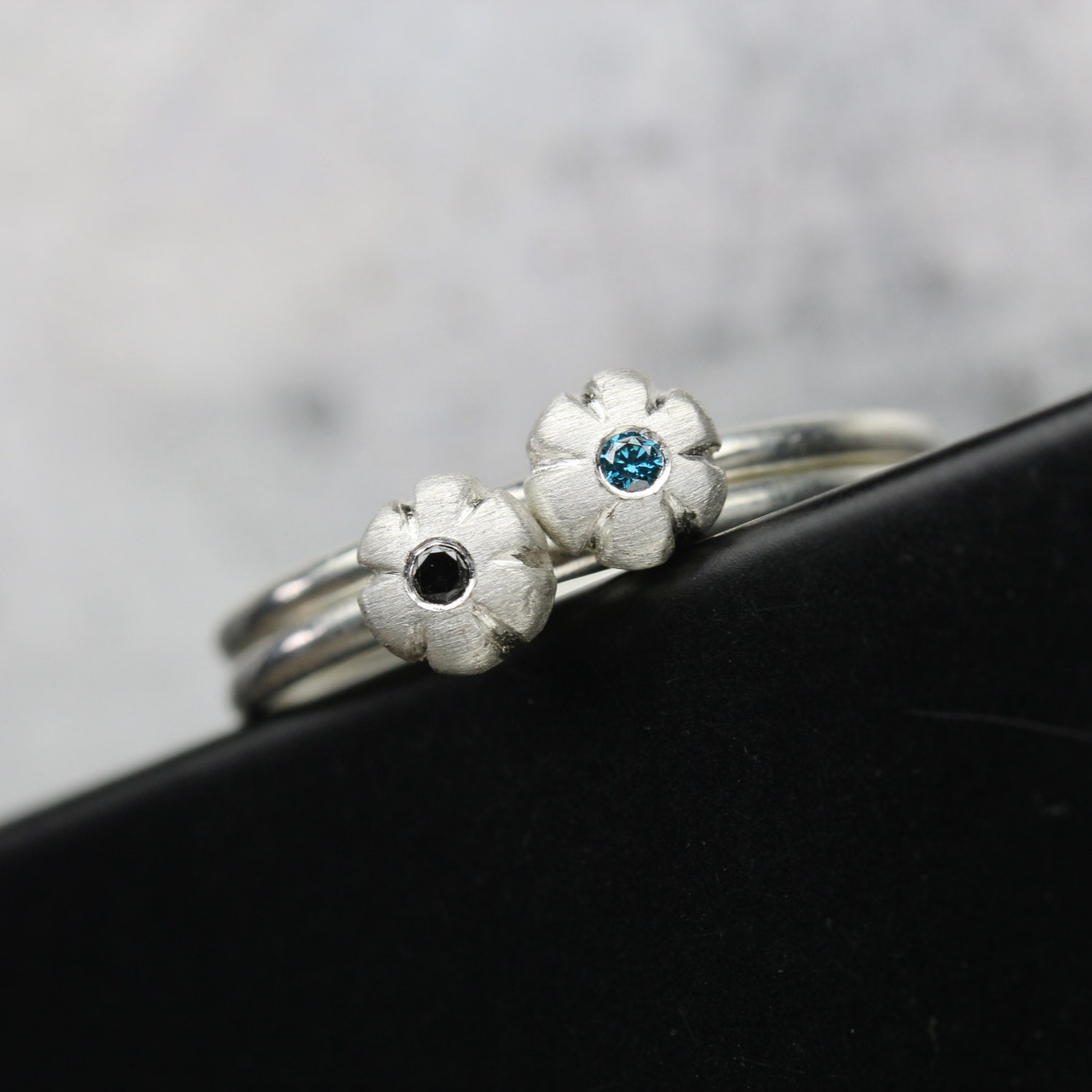 Cute Flower Stacking Rings Blue or Black Diamond Silver Delicate Floral ...