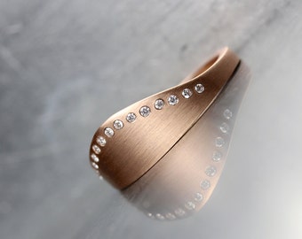 Curved Diamond Wedding Ring 14K Rose Gold Wide Arch 15 Sparkly White Gemstones Modern Crown Bridal Band Modern Medieval Bow - Genuflection