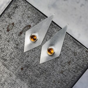 Geometric Citrine Stud Earrings Modern Silver Gold Long Triangle Tiny Golden Orange Gemstone Cabochons November Birthstone Modernist Glow image 5