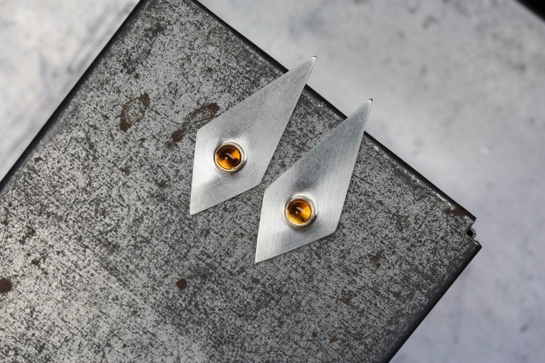 Geometric Citrine Stud Earrings Modern Silver Gold Long Triangle Tiny Golden Orange Gemstone Cabochons November Birthstone Modernist Glow image 5