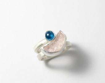 Rough Kunzite Apatite Statement Ring Set Silver Pale Pink Electric Blue Romantic Rustic Dreamy Boho Lunar Band Raw Gemstone - Blue Dot Moon