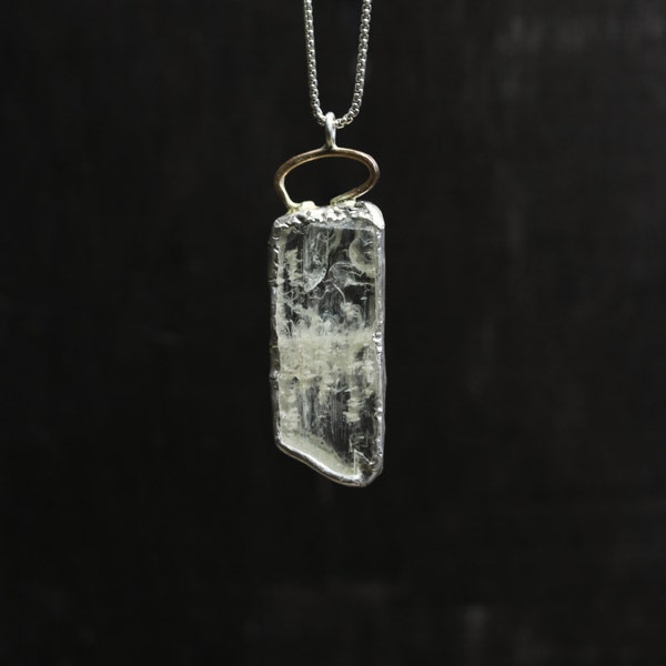 Rough Yellow Green Hiddenite Slice Necklace Silver 10K Yellow Gold Clear Inclusions Primitive Rustic Raw Gem - Through the Cracks of Time