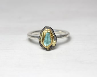 Tiny Seafoam Blue Apatite 22K Yellow Gold Silver Ring Water Drop Mint Oxidized Boho Bezel Raw Tumbled Gem Band Magical Glow - Ocean Crest