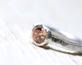 Solid Silver Engagement Ring 14K Rose Gold Accent Peach Colored CZ Rustic Textured Bridal Design Pale Antique Brownish Pink - Forged Peach