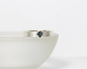 Men's Wedding Band Deep Blue Sapphire Rustic Marquise Cut Bezel Set Silver 14K Yellow Gold Grooved Ring September Birthstone - Dark Denim