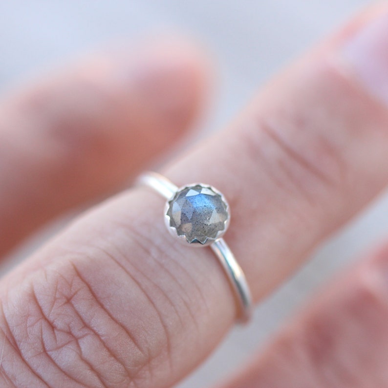 Delicate Rose Cut Labradorite Silver Ring Cute Blue Gray Simple Scalloped Bezel Boho Multicolor Iridescent Gemstone Gift For Her Sky Berry image 5