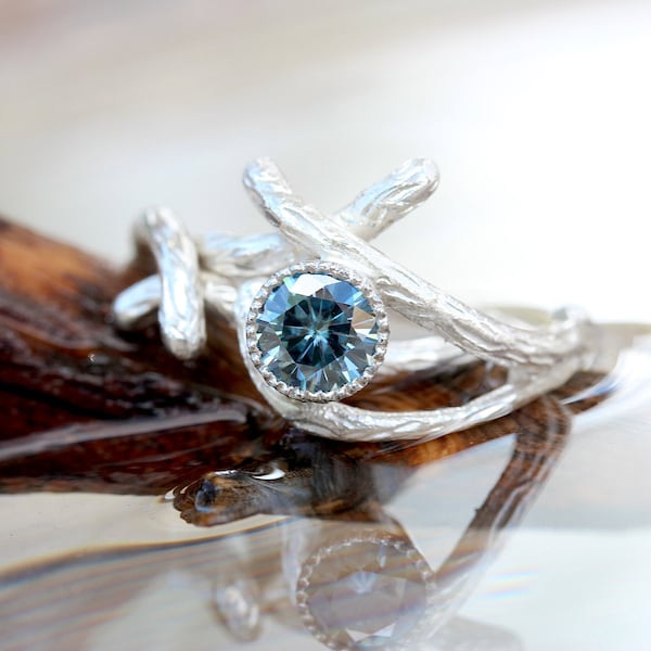 Branch Engagement Ring or Bridal Set Blue Moissanite Silver Platinum Romantic Woodland Lake Tree Twig Wedding - Water Bark and Shadow Bark