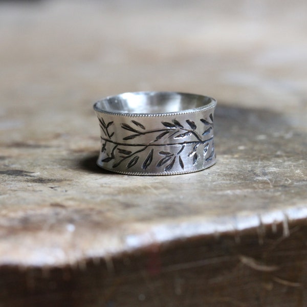 RESERVED FOR Bibi - Wide Engraved Floral Vine Silver Band Romantic - Medieval Memory