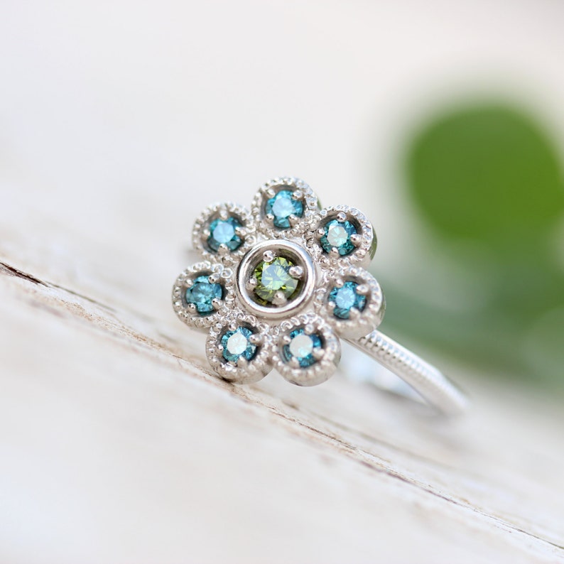 Floral Blue Green Diamond Engagement Ring 14K White Gold Mermaid Flower Ocean Color Round Milgrain Bezel Settings Underwater Design Sereia image 3