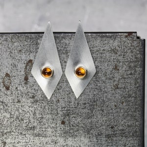 Geometric Citrine Stud Earrings Modern Silver Gold Long Triangle Tiny Golden Orange Gemstone Cabochons November Birthstone Modernist Glow image 7