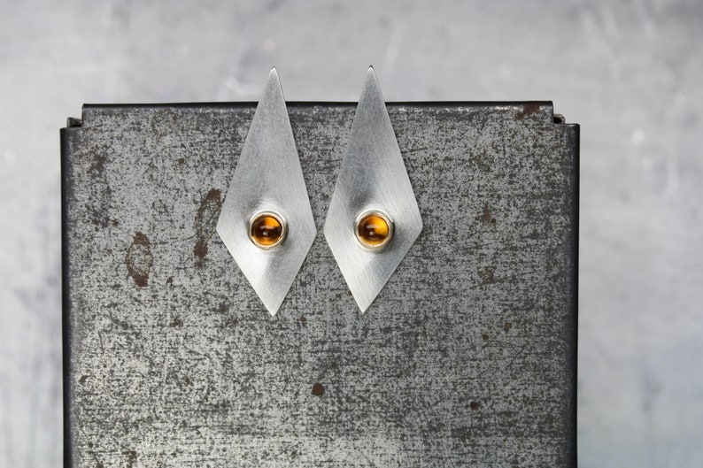 Geometric Citrine Stud Earrings Modern Silver Gold Long Triangle Tiny Golden Orange Gemstone Cabochons November Birthstone Modernist Glow image 7