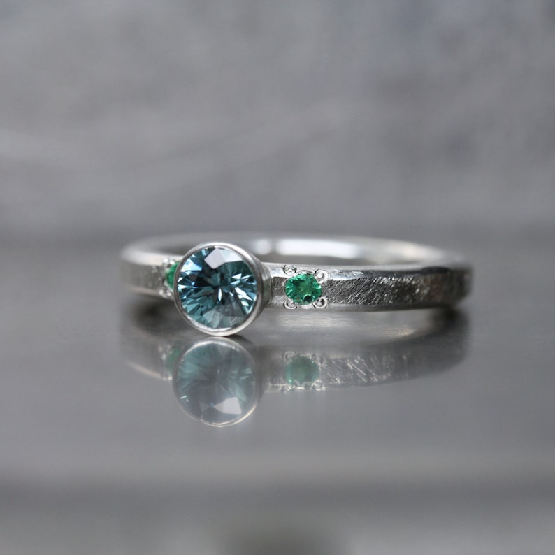 Blue Zircon Emerald Engagement Ring Silver Mermaid Ocean Etsy