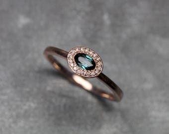 Delicate Diamond Halo Engagement Ring Blue-Green Tourmaline 14K Rose Gold Sparkly Sideways Oval Bridal Band Her Teal Gemstone - Mermaid Halo