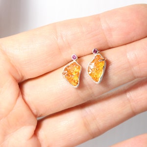 Raw Spessartite Garnet Tourmaline Stud Earrings Mismatched Rustic Rough Orange Pink Firefly Wings Silver 14K Rose Gold Her Feuerflügelchen image 9