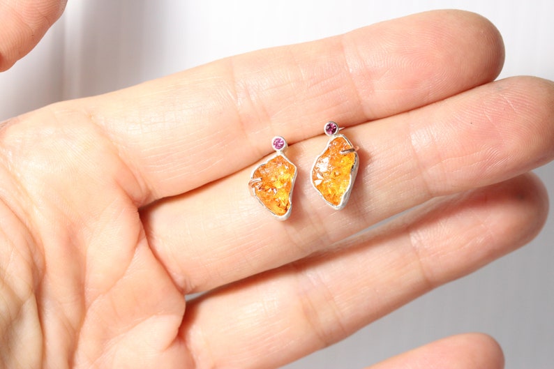 Raw Spessartite Garnet Tourmaline Stud Earrings Mismatched Rustic Rough Orange Pink Firefly Wings Silver 14K Rose Gold Her Feuerflügelchen image 9