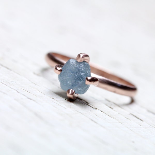 RESERVED FOR Z - Blue Rough Montana Sapphire Engagement Ring 14K Rose Gold 4 Prong Setting Delicate Minimalistic Raw Gemstone - Steel Tulip