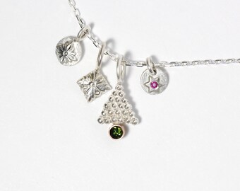 Holiday Symbol Charm Necklace Silver 14K Rose Gold Green Tourmaline Ruby Christmas Tree Star Leaf Pendant Hanukkah Kwanza - Festive Four