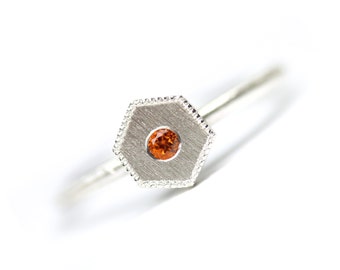 Honeycomb Citrine Silver Ring Geometric Modern Orange November Birthstone Hexagon Delicate Minimalistic Stackable Milgrain Edge - Golden Geo