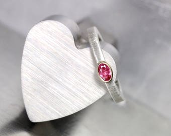 Simple Modern Pink Oval Ruby Engagement Ring 14K Yellow Gold Brushed Silver Pinkish Red Gemstone Delicate Understated Bridal Band - Rubicund