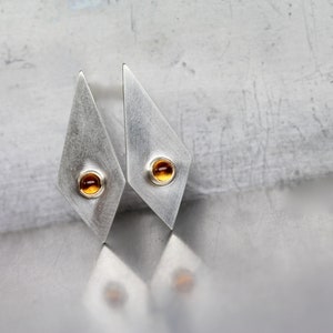 Geometric Citrine Stud Earrings Modern Silver Gold Long Triangle Tiny Golden Orange Gemstone Cabochons November Birthstone Modernist Glow image 6