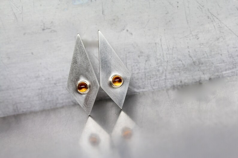 Geometric Citrine Stud Earrings Modern Silver Gold Long Triangle Tiny Golden Orange Gemstone Cabochons November Birthstone Modernist Glow image 6