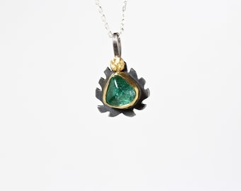 Raw Tumbled Teal Tourmaline Necklace 22K Yellow Gold Oxidized Silver Floral Blue-Green Gemstone Tropical Green Leaf Pendant - Pinnatipartita